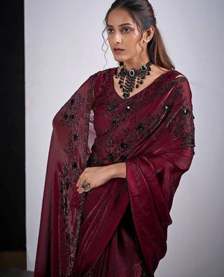 Maroon color fendy satin silk blend two tone zircon cut dana handwork saree 4