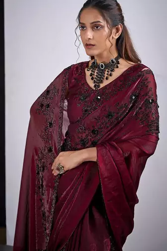Maroon color fendy satin silk blend two tone zircon cut dana handwork saree