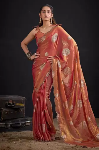 Fenta color fendi silk two ton with foil handwork zircon work saree