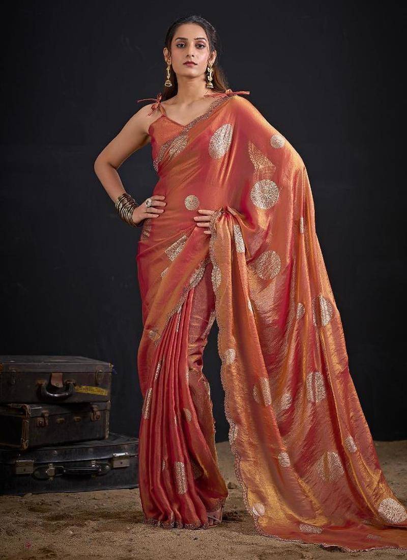 Fenta color fendi silk two ton with foil handwork zircon work saree