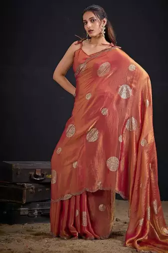 Fenta color fendi silk blend two ton with foil handwork zircon work saree