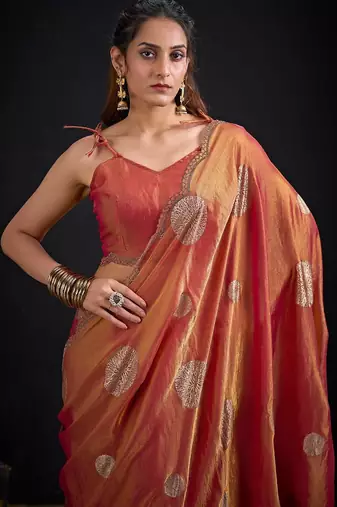 Fenta color fendi silk blend two ton with foil handwork zircon work saree