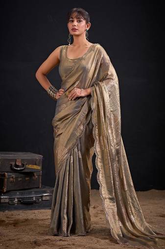 Grey color fendi silk two ton with foil handwork zircon work saree