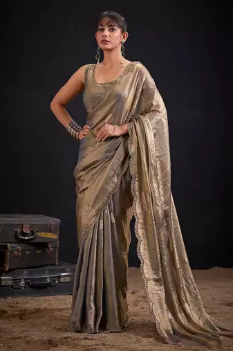 Grey color fendi silk two ton with foil handwork zircon work saree