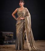 Grey color fendi silk blend two ton with foil handwork zircon work saree