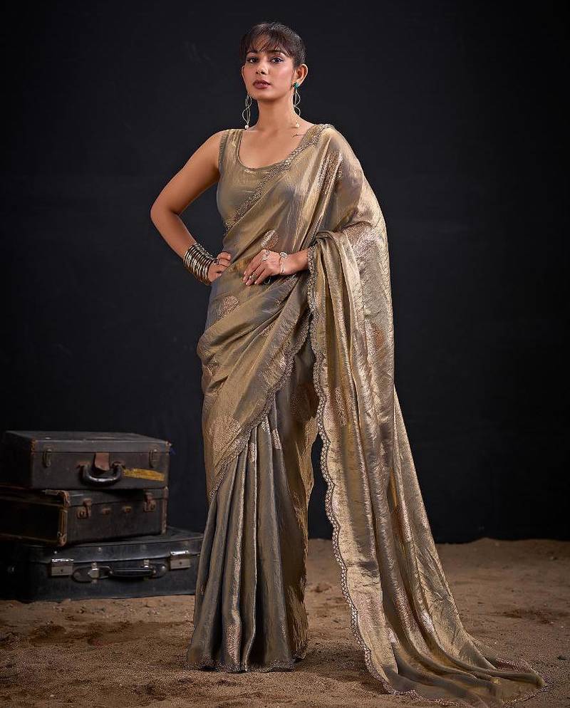 Grey color fendi silk two ton with foil handwork zircon work saree
