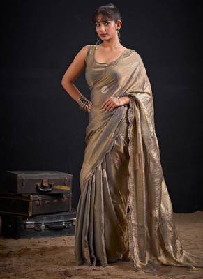 Grey color fendi silk blend two ton with foil handwork zircon work saree 2