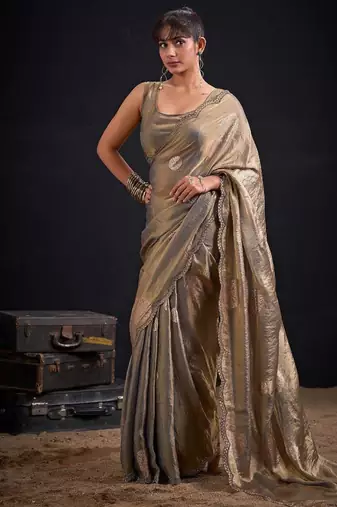 Grey color fendi silk blend two ton with foil handwork zircon work saree