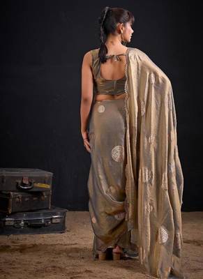 Grey color fendi silk blend two ton with foil handwork zircon work saree 3