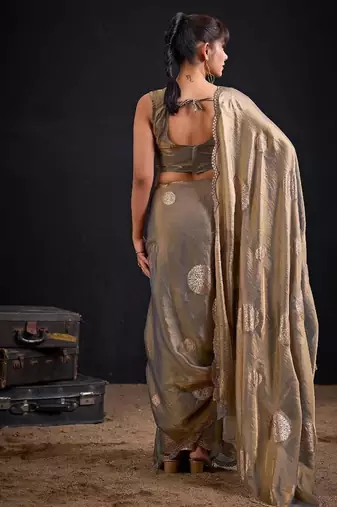 Grey color fendi silk blend two ton with foil handwork zircon work saree