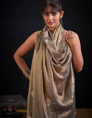 Grey color fendi silk blend two ton with foil handwork zircon work saree 5