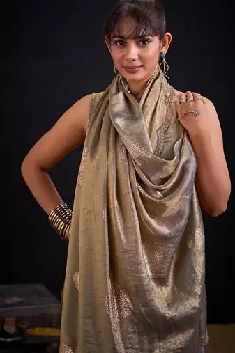 Grey color fendi silk blend two ton with foil handwork zircon work saree
