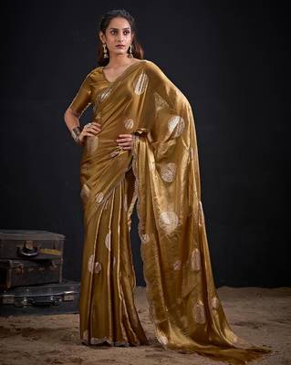 Gold color fendi silk blend two ton with foil handwork zircon work saree 1
