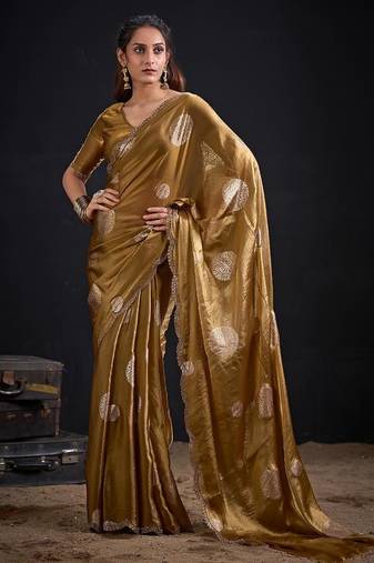 Gold color fendi silk two ton with foil handwork zircon work saree