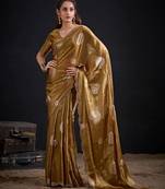 Gold color fendi silk blend two ton with foil handwork zircon work saree