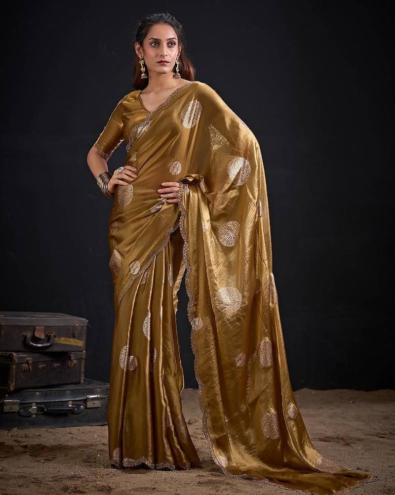 Gold color fendi silk two ton with foil handwork zircon work saree