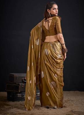 Gold color fendi silk blend two ton with foil handwork zircon work saree 2