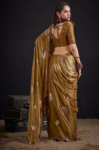 Gold color fendi silk blend two ton with foil handwork zircon work saree