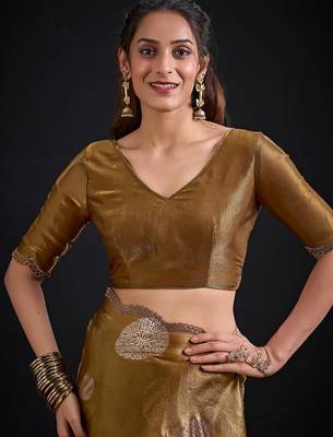 Gold color fendi silk blend two ton with foil handwork zircon work saree 3