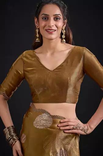 Gold color fendi silk blend two ton with foil handwork zircon work saree