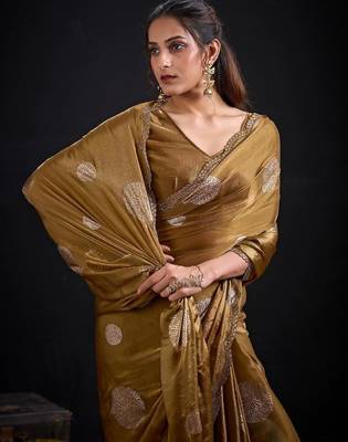 Gold color fendi silk blend two ton with foil handwork zircon work saree 4