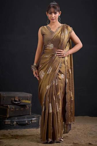 Mouse color fendi silk two ton with foil handwork zircon work saree