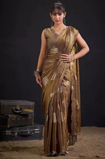 Mouse color fendi silk two ton with foil handwork zircon work saree