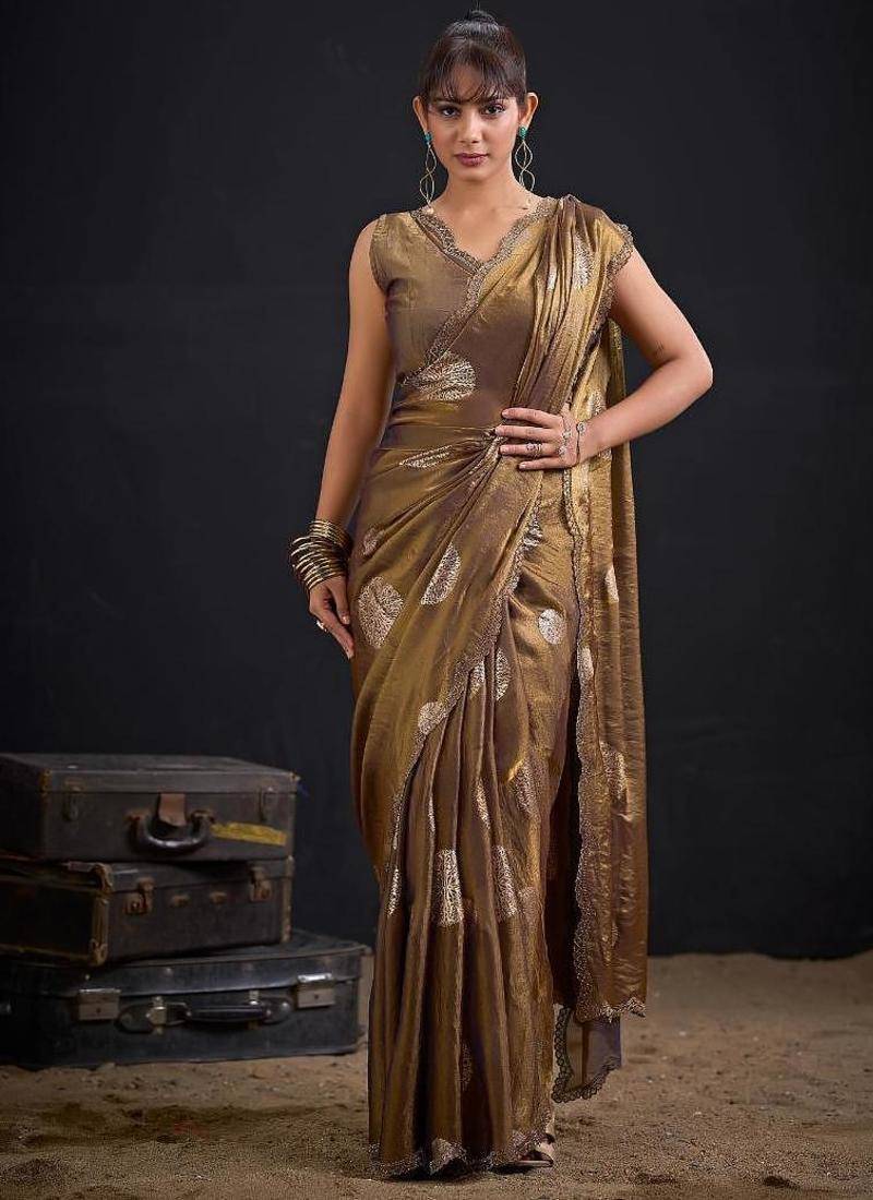 Mouse color fendi silk two ton with foil handwork zircon work saree