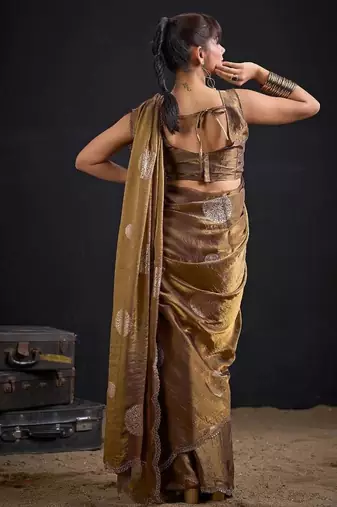 Mouse color fendi silk blend two ton with foil handwork zircon work saree