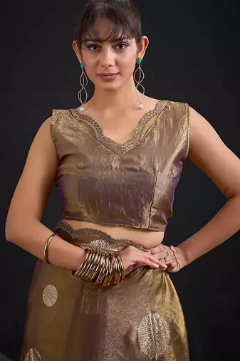 Mouse color fendi silk blend two ton with foil handwork zircon work saree