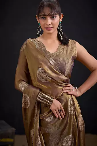 Mouse color fendi silk blend two ton with foil handwork zircon work saree