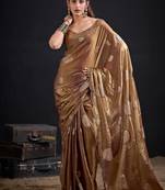 Chiku color fendi silk blend two ton with foil handwork zircon work saree
