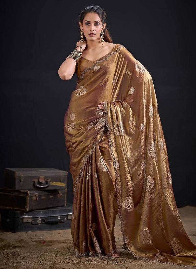 Chiku color fendi silk two ton with foil handwork zircon work saree