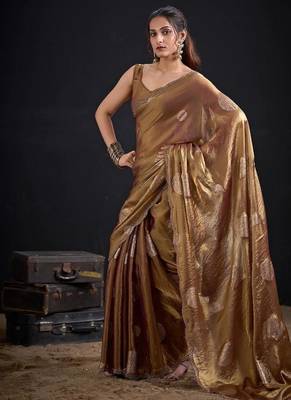 Chiku color fendi silk blend two ton with foil handwork zircon work saree 2