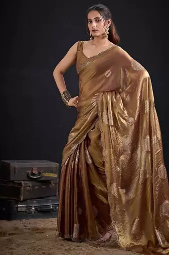 Chiku color fendi silk blend two ton with foil handwork zircon work saree