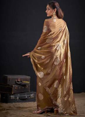 Chiku color fendi silk blend two ton with foil handwork zircon work saree 3