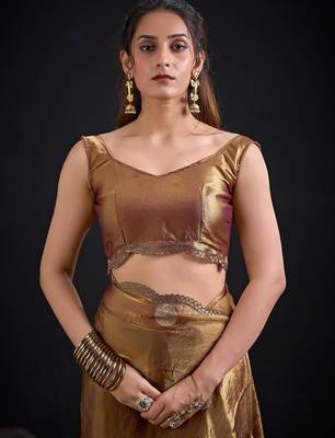 Chiku color fendi silk blend two ton with foil handwork zircon work saree 4