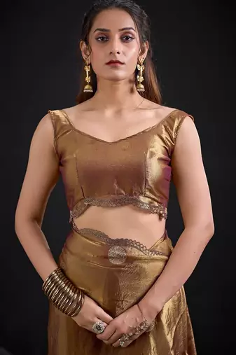 Chiku color fendi silk blend two ton with foil handwork zircon work saree