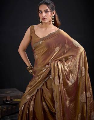 Chiku color fendi silk blend two ton with foil handwork zircon work saree 5