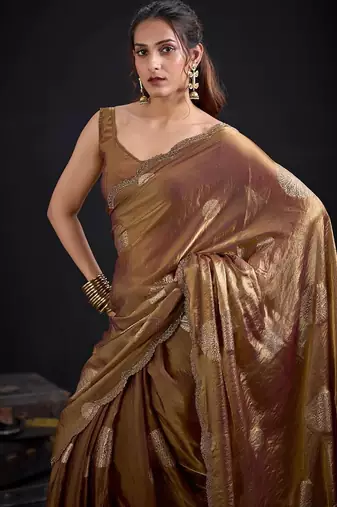 Chiku color fendi silk blend two ton with foil handwork zircon work saree