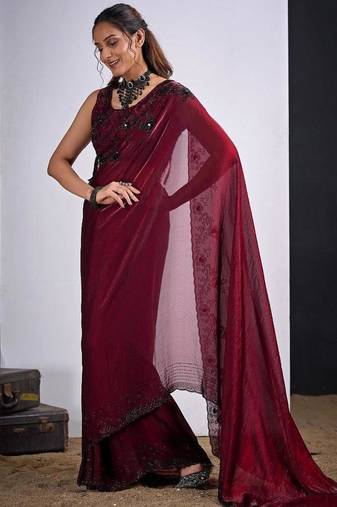 Maroon color fendy silk two tone zircon sequence butta work saree