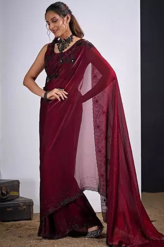 Maroon color fendy silk two tone zircon sequence butta work saree