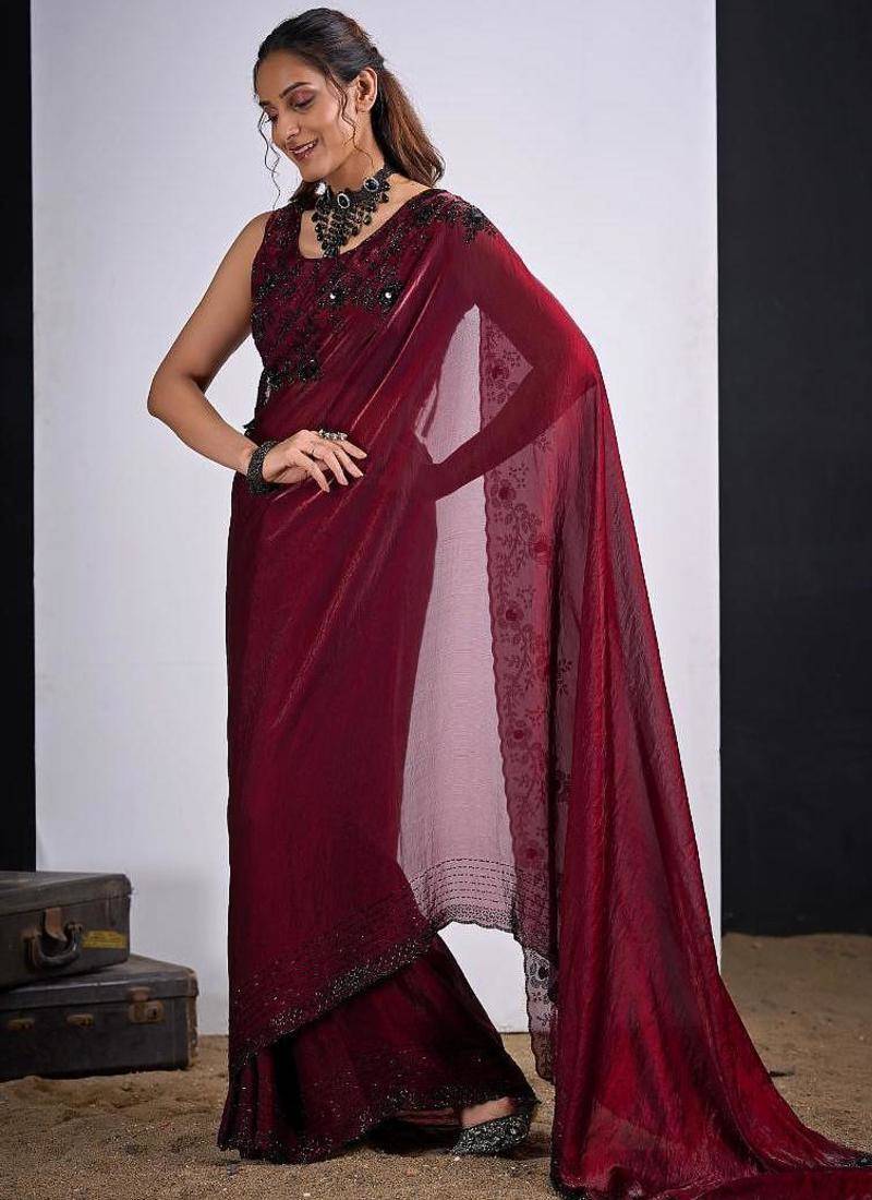 Maroon color fendy silk two tone zircon sequence butta work saree