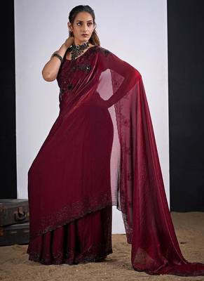 Maroon fendy silk blend two tone zircon sequence butta work saree 2