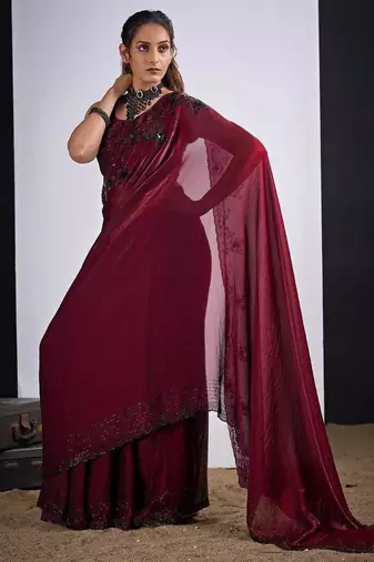 Maroon color fendy silk blend two tone zircon sequence butta work saree