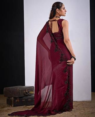 Maroon fendy silk blend two tone zircon sequence butta work saree 3