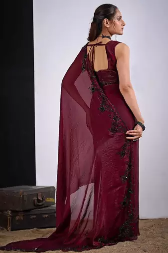 Maroon color fendy silk blend two tone zircon sequence butta work saree