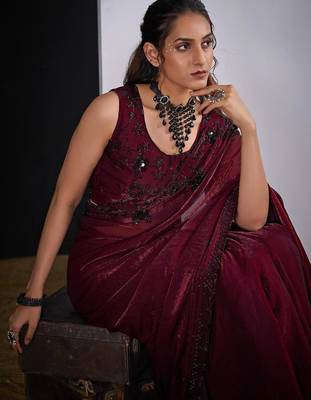 Maroon fendy silk blend two tone zircon sequence butta work saree 5