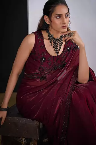 Maroon color fendy silk blend two tone zircon sequence butta work saree