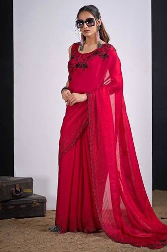 Rani color fendy silk two tone zircon sequence butta work saree